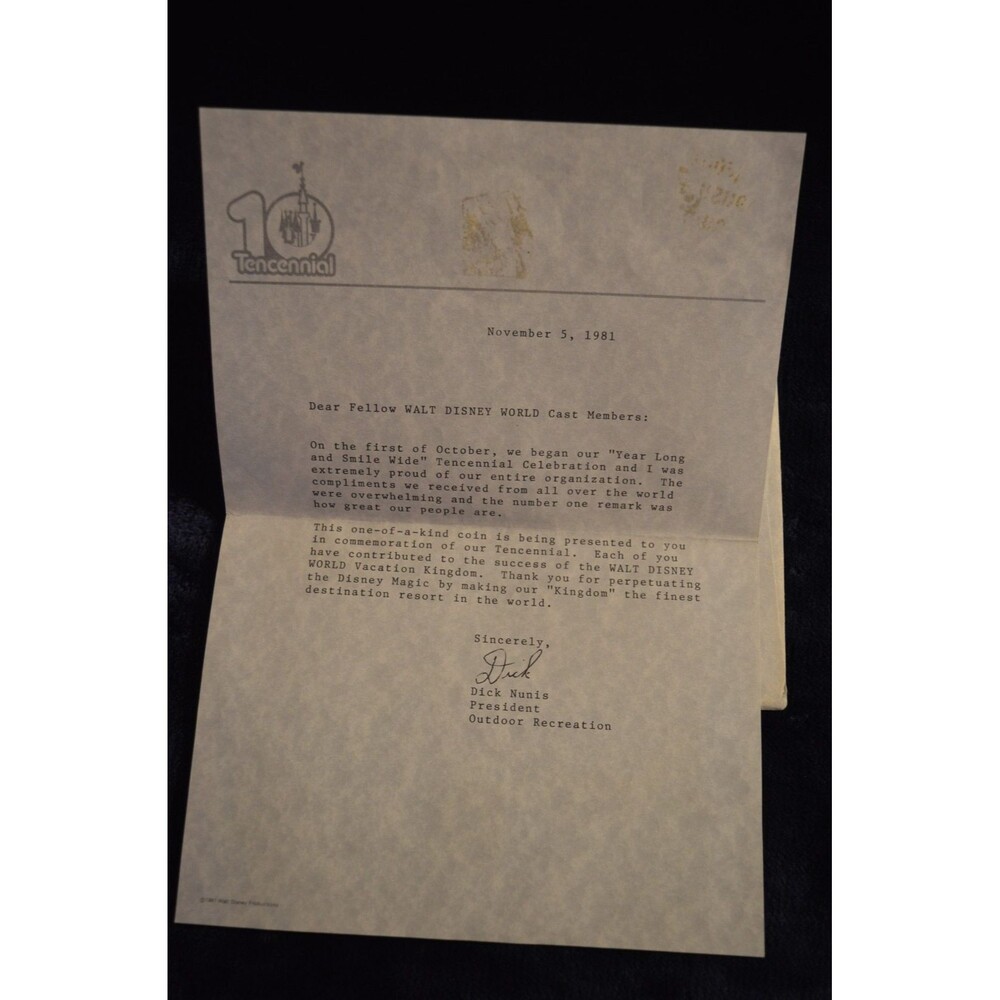 1981 WDW Tencennial Cast Member Coin Dick Nunis Letter Complete 10th Anniv Set - Picture 5 of 5